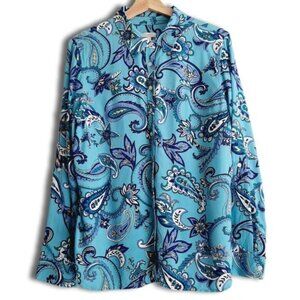 TALBOTS | Floral Paisley Utility Sleeve Buton Down Shirt Blue Sz L P